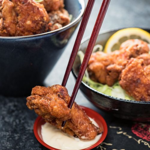 Karaage chicken dipped in Japanese kewpie mayonnaise.