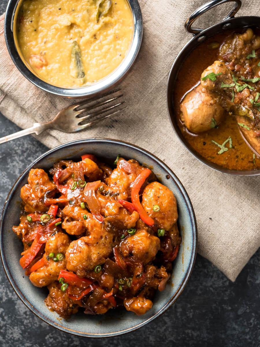 Gobi manchurian in a bowl from above.