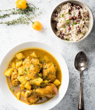 Bowl of Jamaican curry chicken from above.