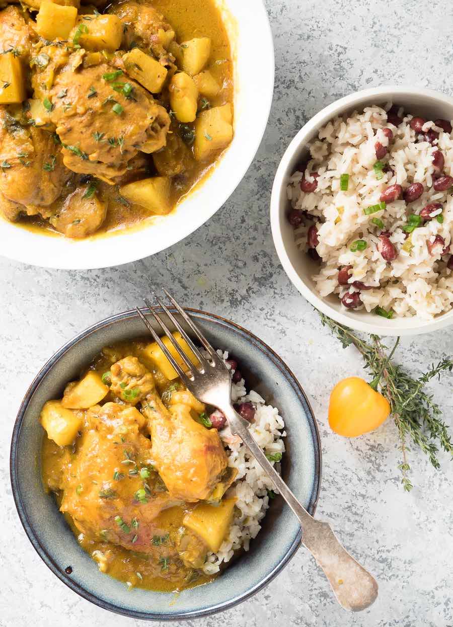 Jamaican curry chicken with rice and peas from above.