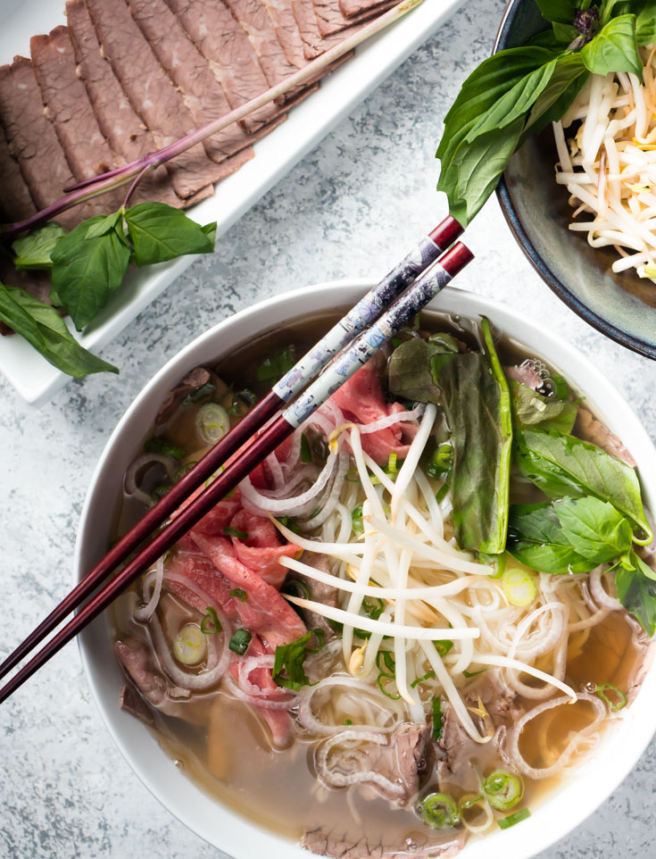 Big bowl of beef pho from above.