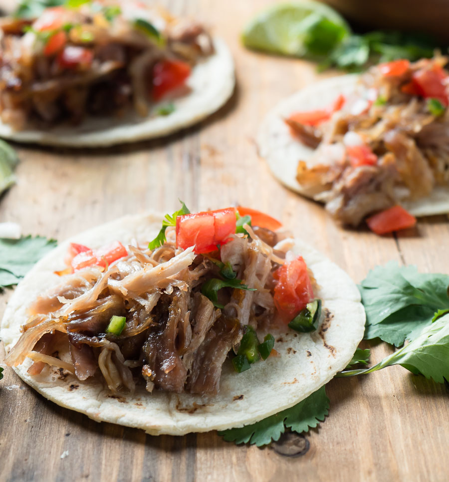 Carnitas street taco close-up.