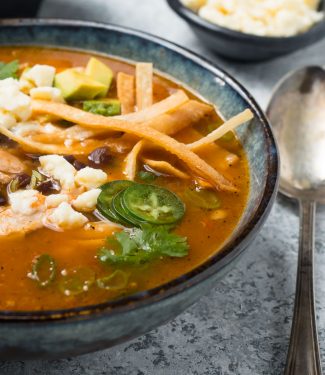 Chicken tortilla soup closeup from the front.