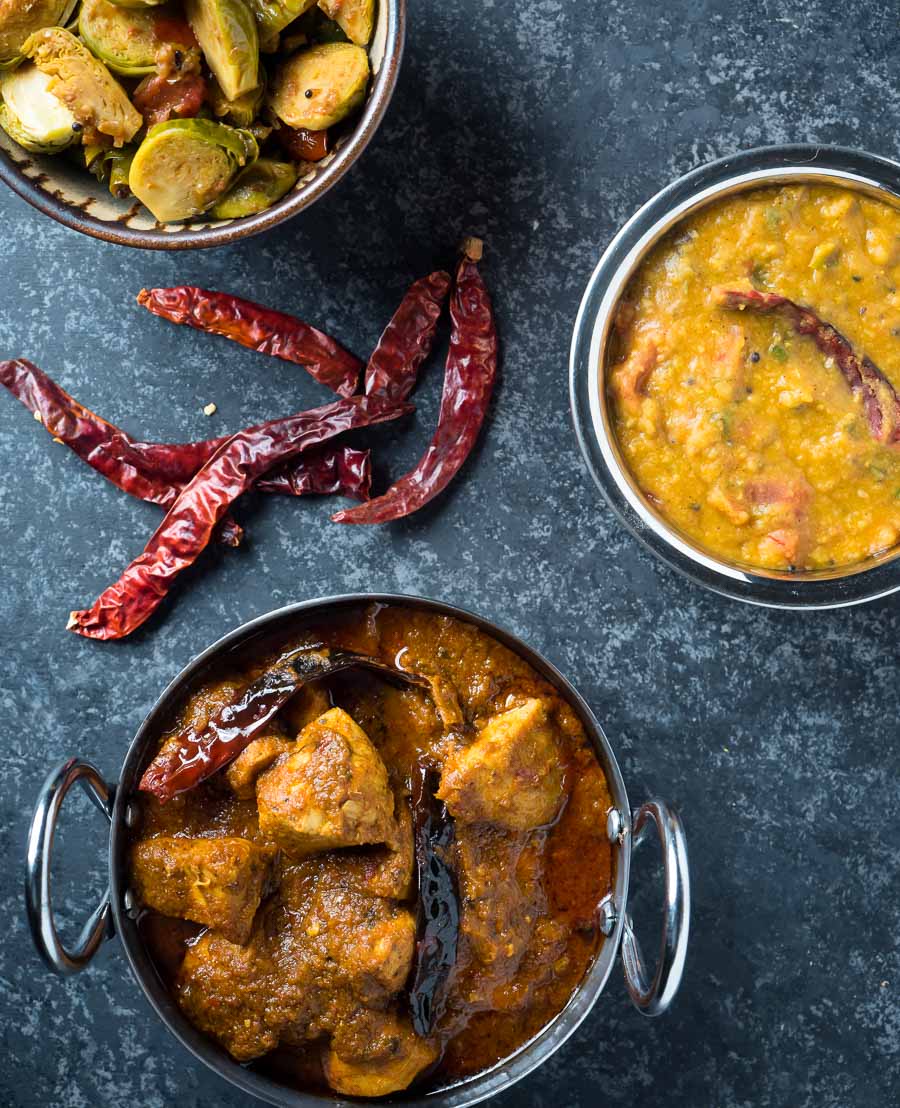 Chicken vindaloo, dal and vegetable curry from above.