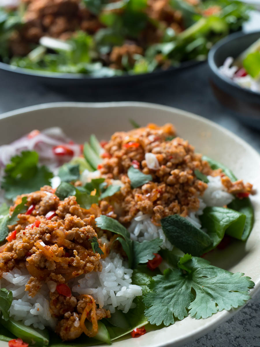 Larb with sticky rice on lettuce ready to be wrapped!