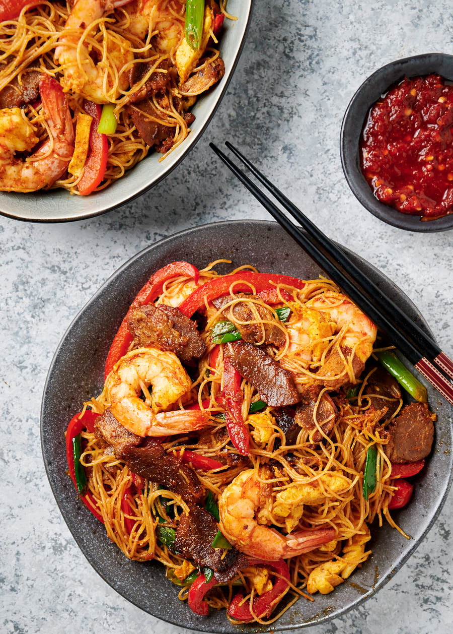 Singapore Noodles on a plate from above.