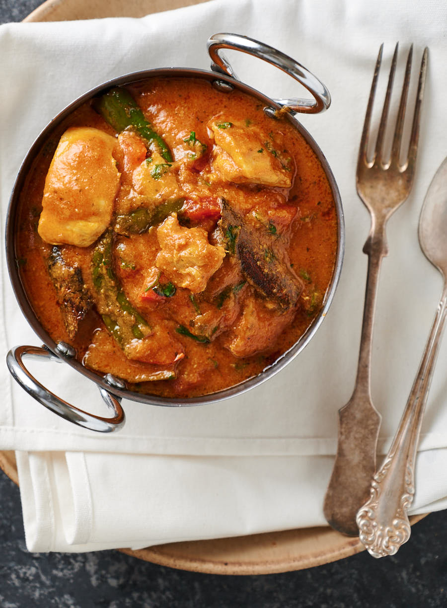 Bowl of chicken masala from above.