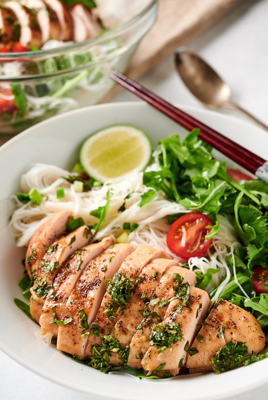 Thai chicken salad close-up from the front.