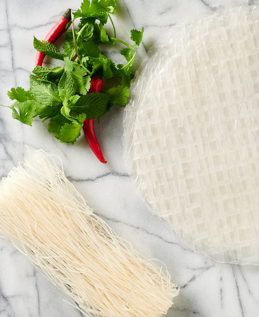 Ingredients. Rice vermicelli, herbs and rice paper from above.