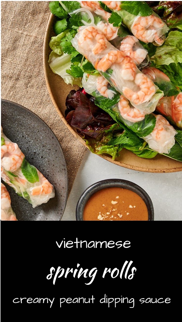 Vietnamese spring rolls with creamy peanut sauce. Fresh. Bright. Delicious. 