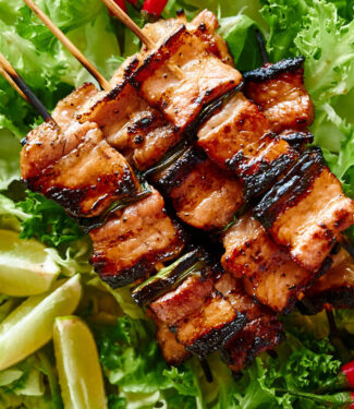 Pork belly skewers closeup - from above.