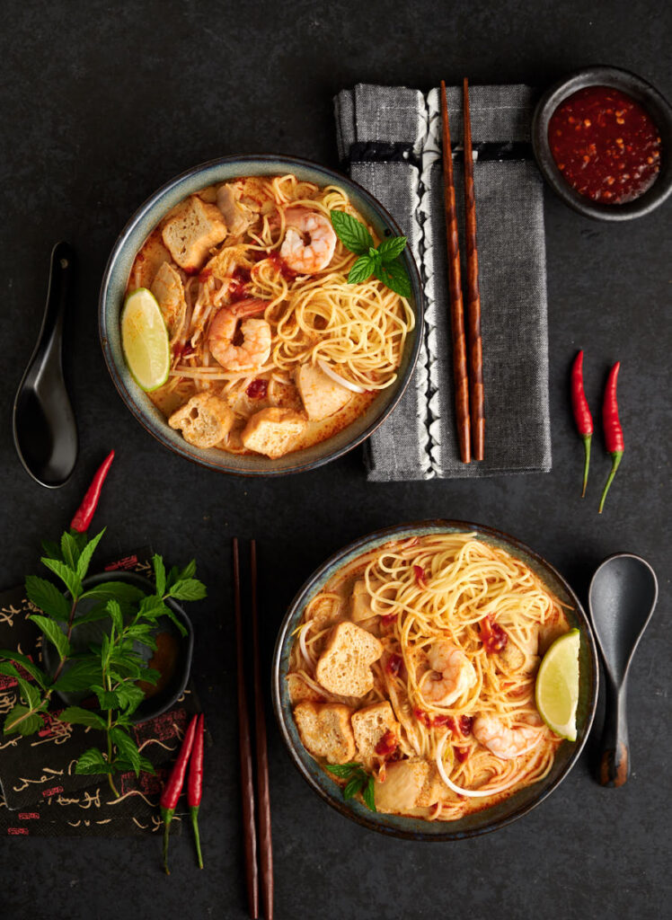 Curry laksa table scene from above.