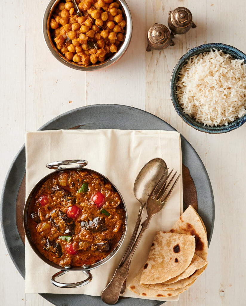 Eggplant curry, rice and chana masala from above.