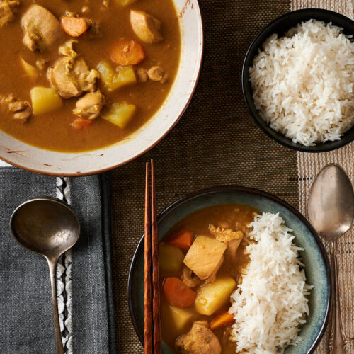 Bowl of Japanese chicken curry with rice from above.