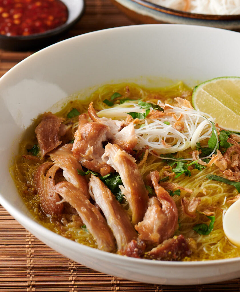 Soto ayam fried chicken closeup from the front.