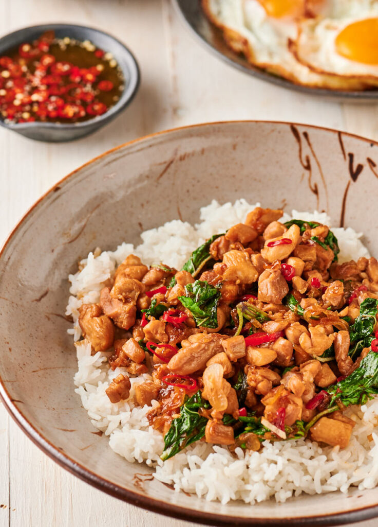 Close-up of Thai basil chicken from the front.