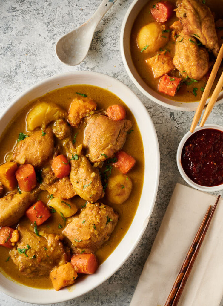 Vietnamese chicken curry table scene from above.