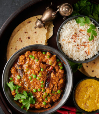 Nearly restaurant keema matar with rice and chapati from above.