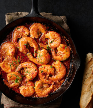 Korean bbq shrimp in a cast iron pan from above.