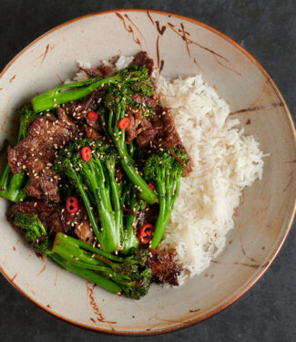 Bowl of Thai beef and broccoli and rice from above.