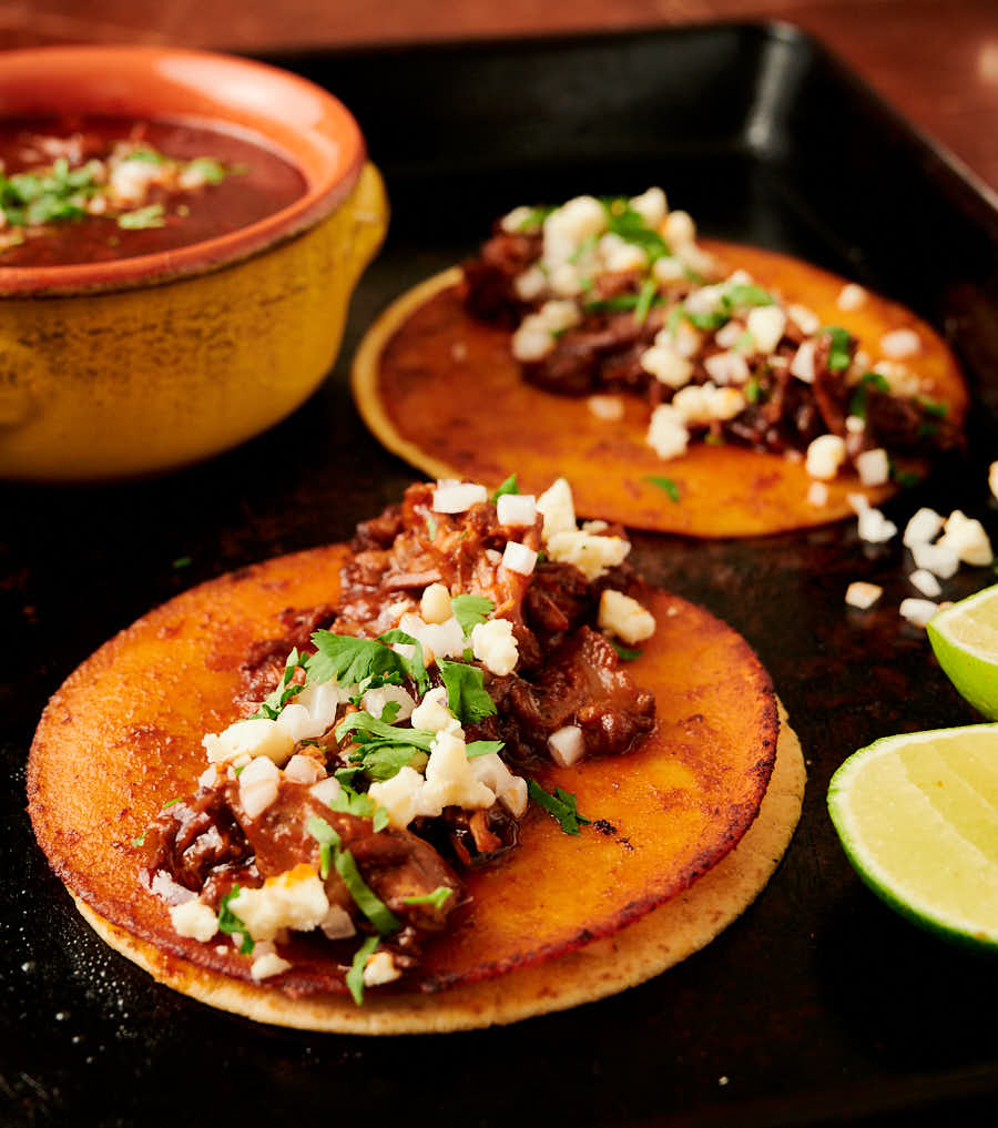 Birria taco garnished with cilantro, onion and cotija cheese crumbles from the front.