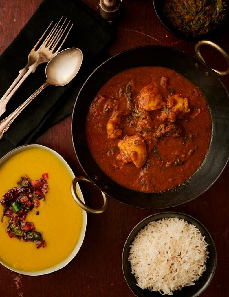 Methi chicken, tarka dal and rice from above.